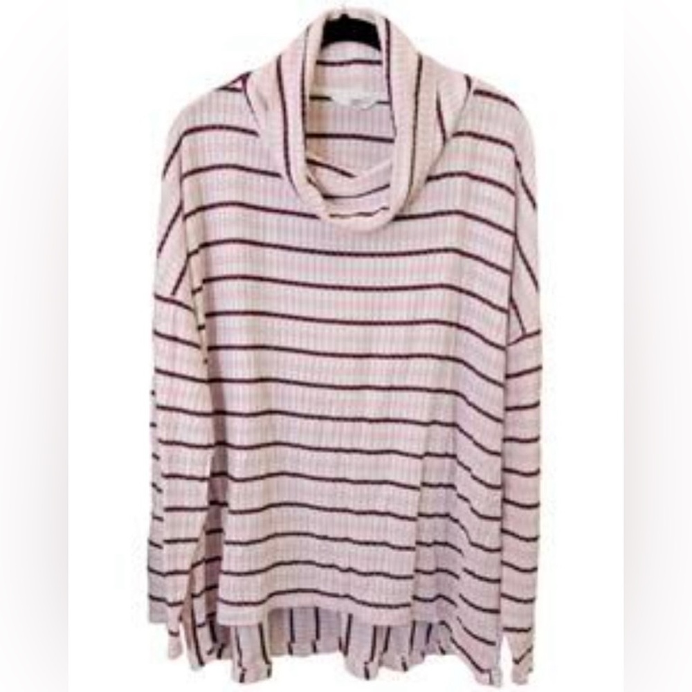Striped Cowl Neck Sweater - Pink, White and Burgundy